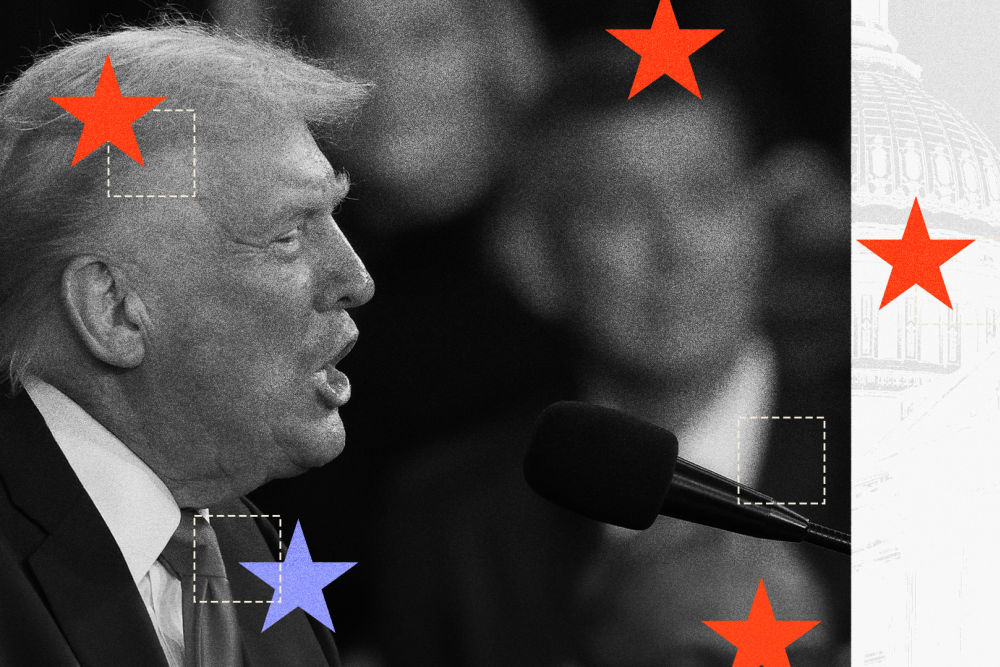 A photo illustration featuring Donald Trump with red and blue stars overlayed.