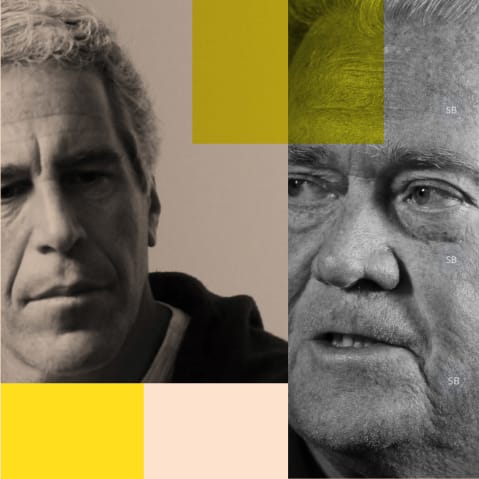 A photo collage showing Jeffrey Epstein and Steve Bannon with correspondence overlayed