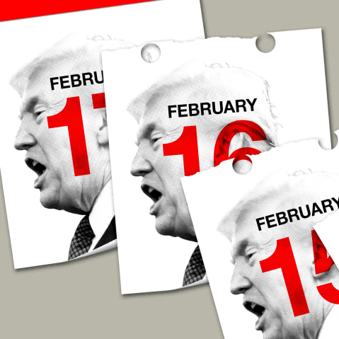 An illustration of a daily calendar pages torn off revealing the same image of Trump