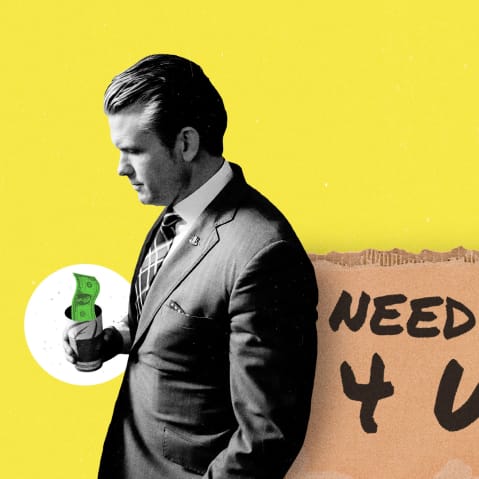 Pete Hegseth holding a cup with a dollar in it, standing in front of a cardboard sign that reads "NEED MONEY 4 WAR".