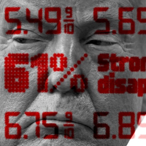 gas prices and polling numbers overlay a extreme closeup of Donald Trump