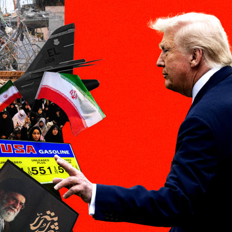 Photo illustration of Donald Trump on an orange background pushing back against a flood of images, including images of the late Ayatollah Khamenei, high gas prices, military jets, protests and destruction in Tehran.