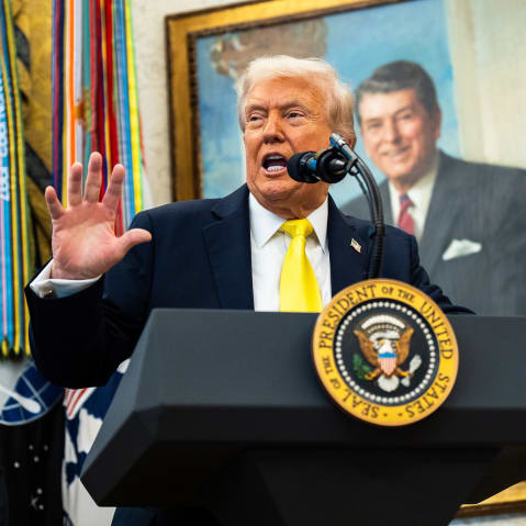 President Donald Trump and United States Attorney General Pam Bondi during a news conference in the Oval Office on Oct. 15, 2025.
