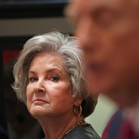 White House chief of staff Susie Wiles looks on as U.S. President Donald Trump meets with Ukrainian President Volodymyr Zelenskyy.