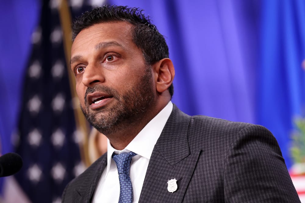 Federal Bureau of Investigation (FBI) Director Kash Patel delivers remarks at the Department of Justice.