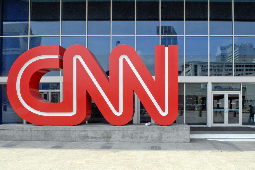 A CNN logo stands outside the CNN Center on.