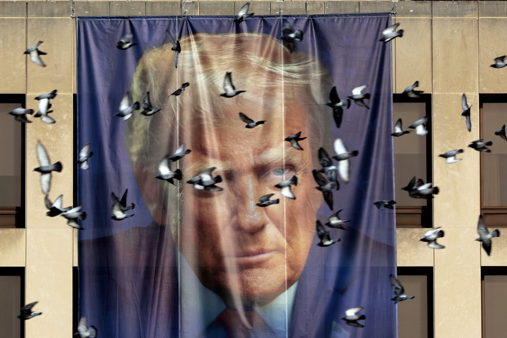 Birds fly past a giant banner with the image of President Donald Trump on Jan. 05, 2026 hanging on the outside of the U.S. Department of Labor.