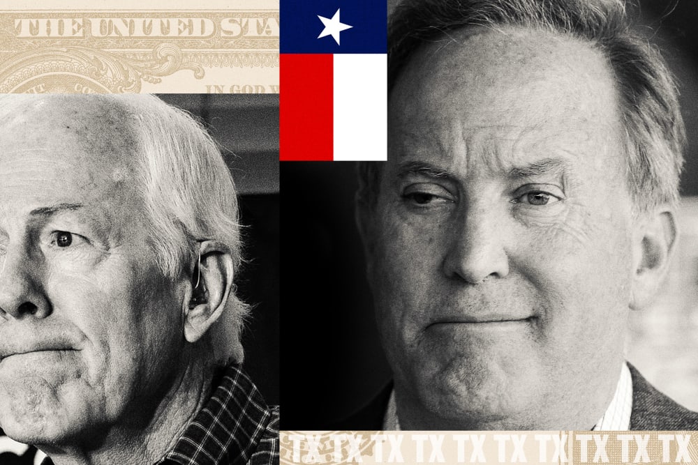 Photoillustration featuring side-by-side portraits of John Cornyn and Ken Paxton separated by the Texas state flag, with a U.S. currency fragment at the top and a repeating "TX" pattern along the bottom.