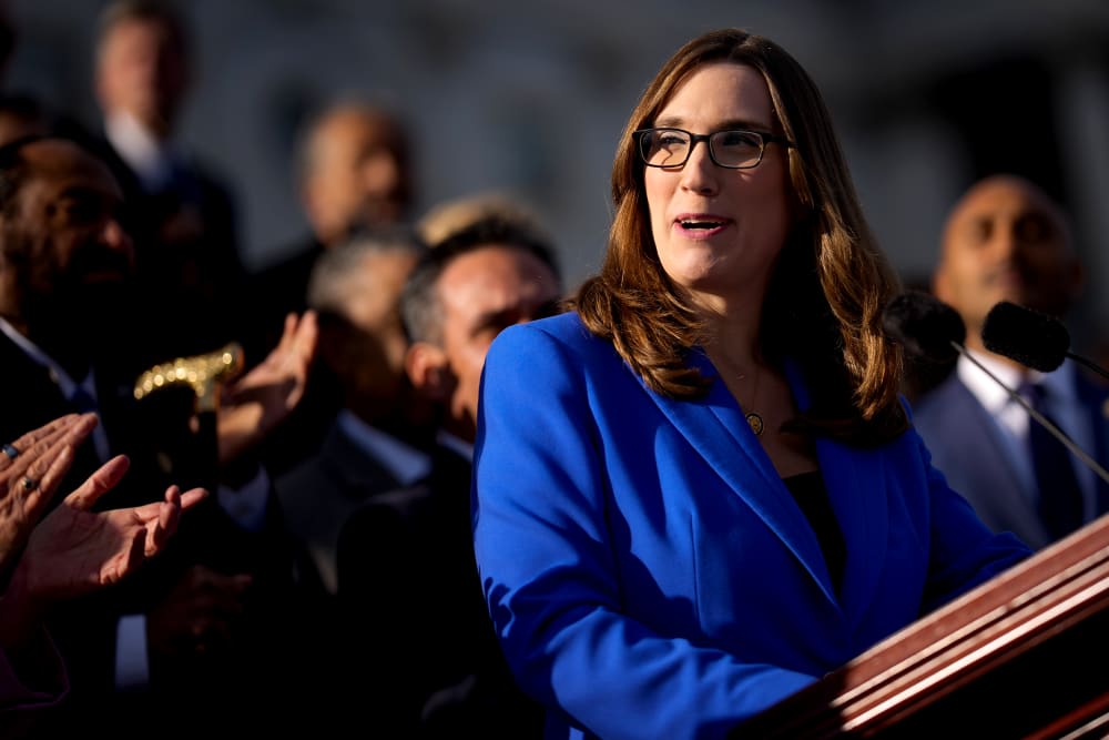 Rep. Sarah McBride joined by fellow House Democrats, speaks on the House steps on Nov. 12, 2025.