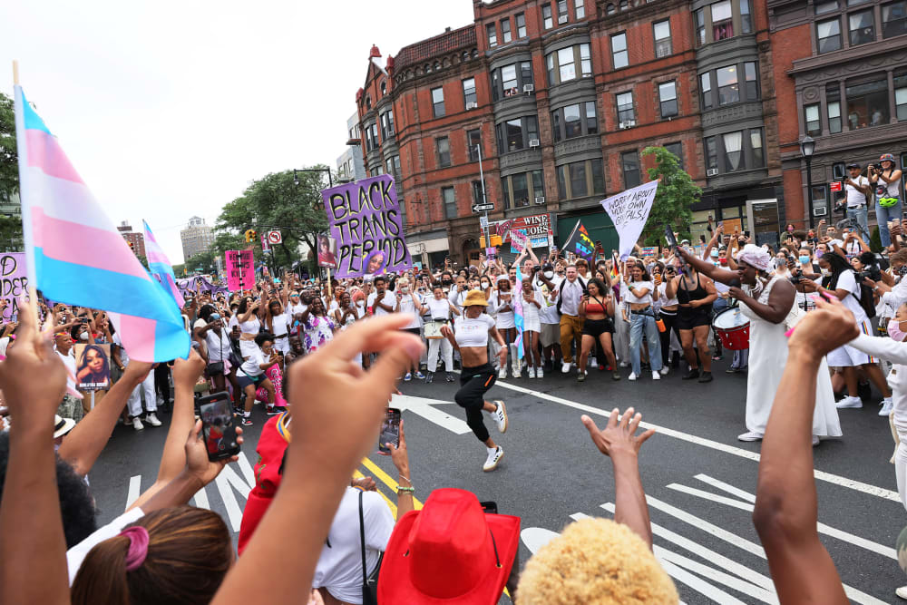 People dance during the Brooklyn Liberation's Protect Trans Youth event in New York City.