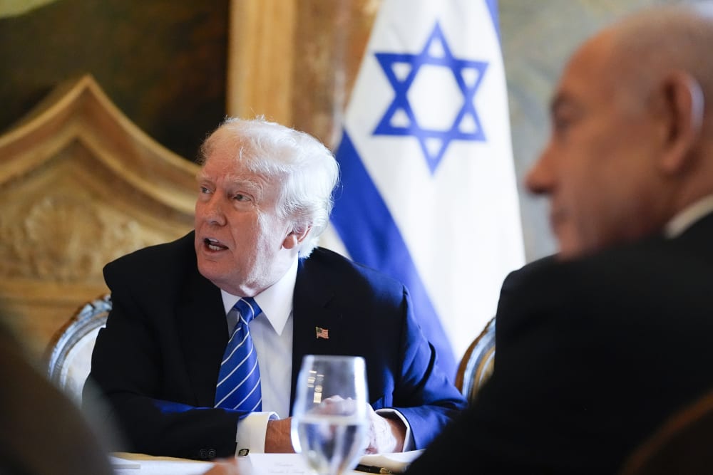 Then Republican presidential candidate former President Donald Trump meets with Israeli Prime Minister Benjamin Netanyahu at his Mar-a-Lago estate.