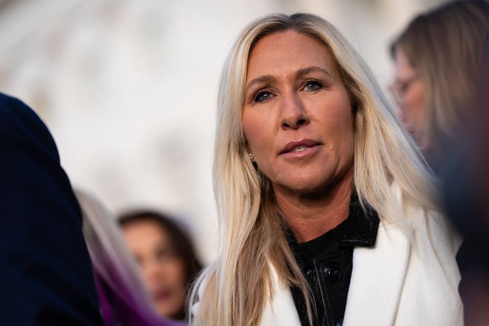Rep. Marjorie Taylor Greene, pictured, R-Ga, Rep. Ro Khanna, D-Calif., and Rep. Thomas Massie, R-Ky held a press conference outside the U.S. Capitol on Nov. 18, 2025.