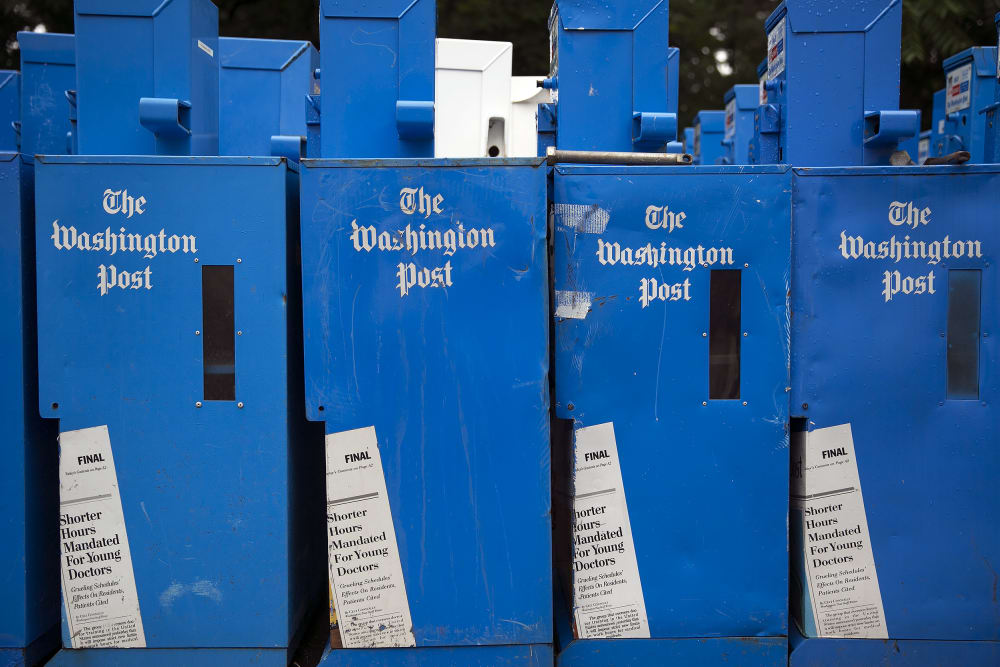 Unused Washington Post newspaper boxes sit near the Washington Post newspaper production facility in Springfield, VA.