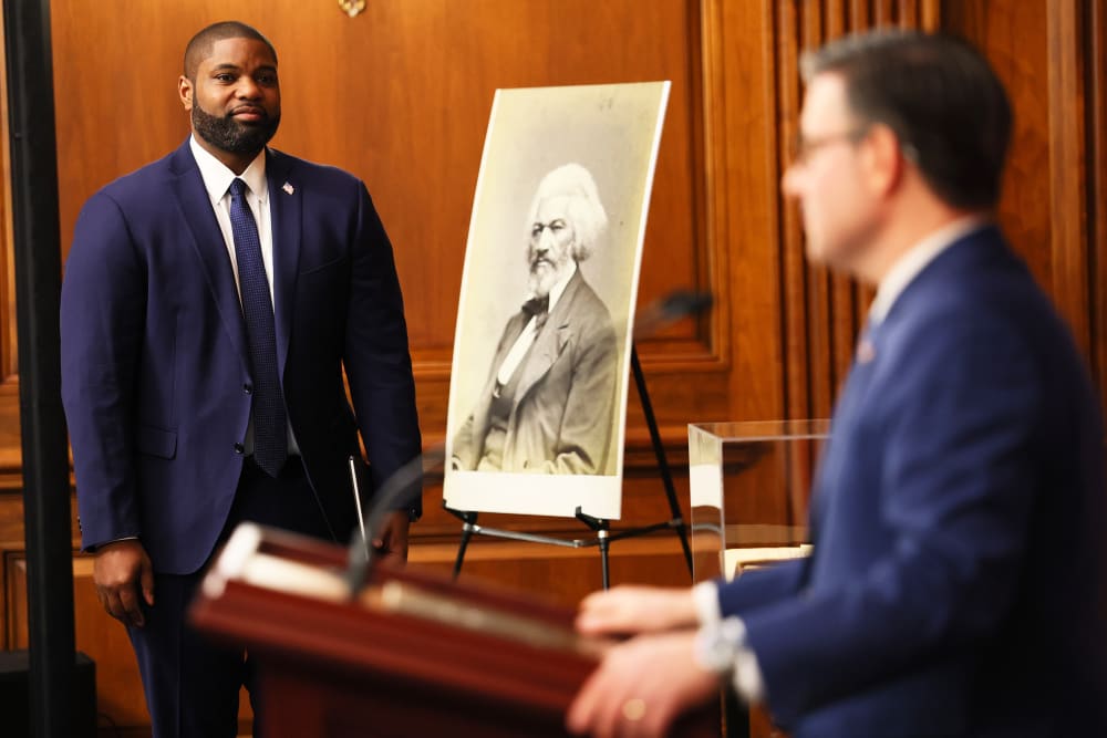 Rep. Byron Donalds and House Speaker Mike Johnson&nbsp;after formally unveiling the Frederick Douglass Press Gallery in the Rayburn Reception Room of the US Capitol.