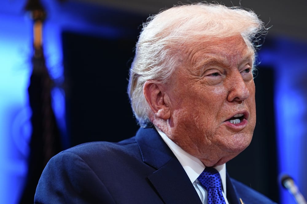 Donald Trumps seems upset as he speaks to the press in this tight shot.&nbsp;