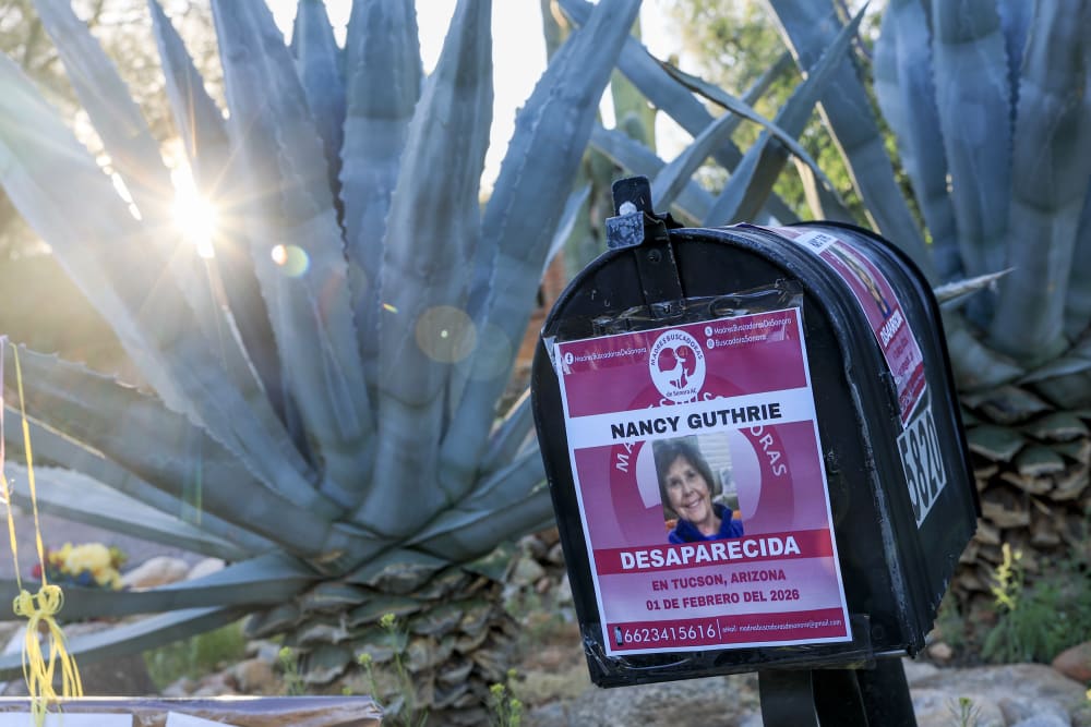 A mailbox with a photo of Nancy Guthrie is seen in front of agave plants.