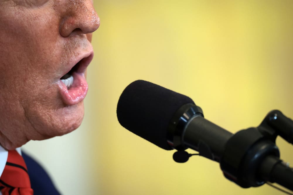 Donald Trump's open mouth is seen on the left of the frame as he speaks into the microphone seen on the right.