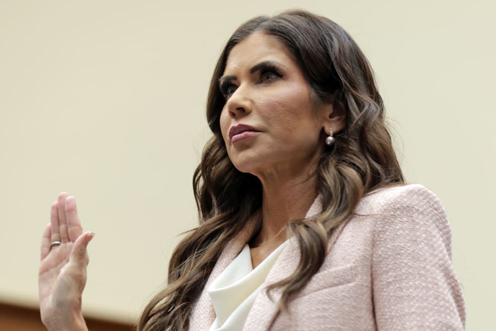 Secretary of Homeland Security Kristi Noem is sworn in as she testifies during a House Judiciary Committee hearing on March 04, 2026 in Washington, D.C.