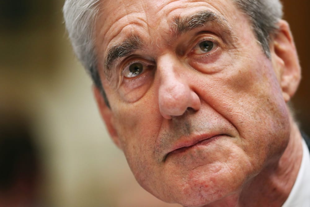 This very closeup shot shows Robert Mueller's face, cropped on top and bottom.