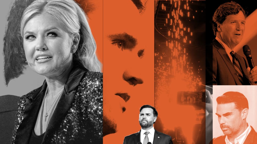 A composite image of Charlie Kirk, Erika Kirk JD Vance, Tucker Carlson, and Ben Shapiro