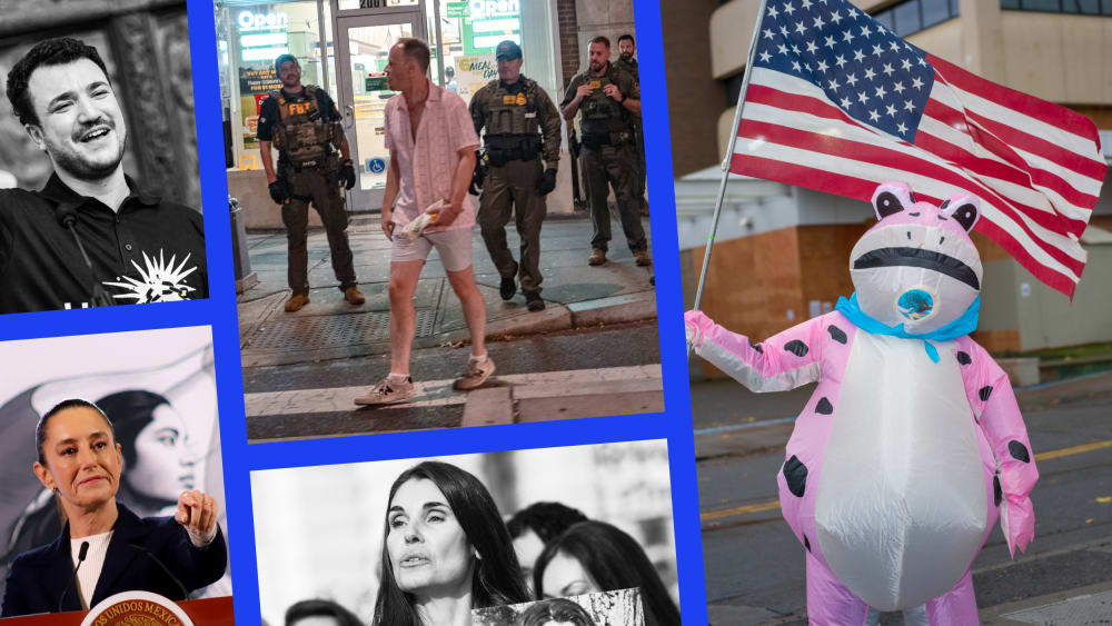 Mahmoud Khalil, Sean Charles Dunn, a demonstrator in a frog suit in Portland, Oregon, an Epstein survivor holds a picture of herself, and Claudia Sheinbaum