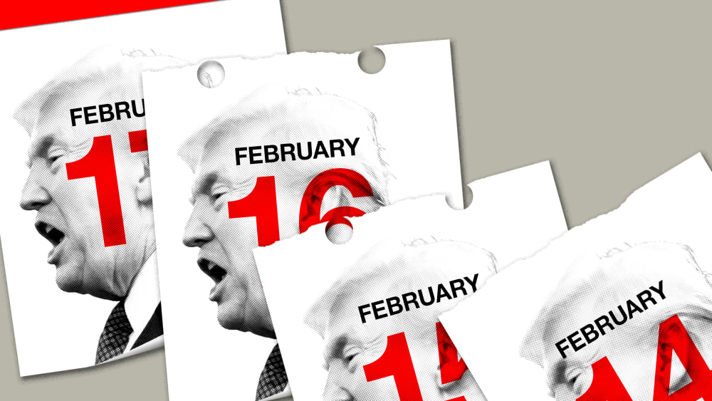 An illustration of a daily calendar pages torn off revealing the same image of Trump