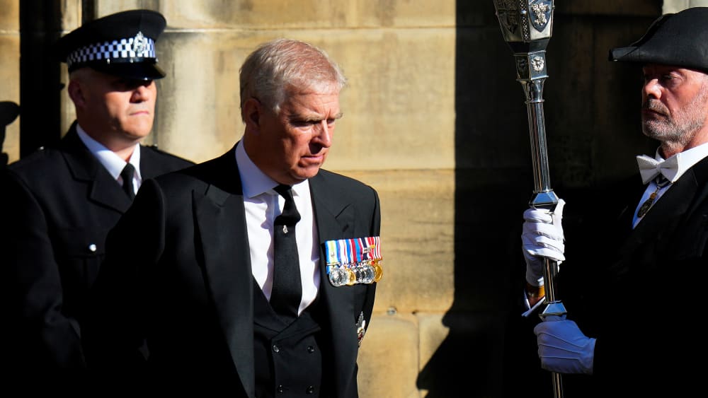 Prince Andrew leaves St. Giles Cathedral on Sept. 12, 2022 in Edinburgh, Scotland.