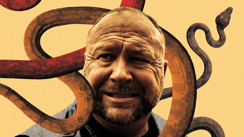A photo illustration of Alex Jones surrounded by snakes.