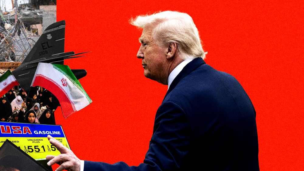 Photo illustration of Donald Trump on an orange background pushing back against a flood of images, including images of the late Ayatollah Khamenei, high gas prices, military jets, protests and destruction in Tehran.