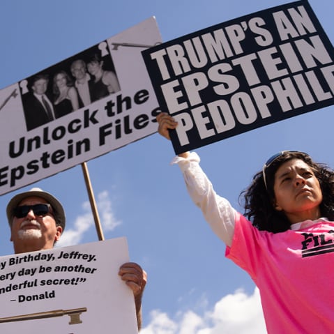 A split photo. On the left, protestors hold signs against Trump and for releasing the Epstein files. On the right, Chris Hayes.