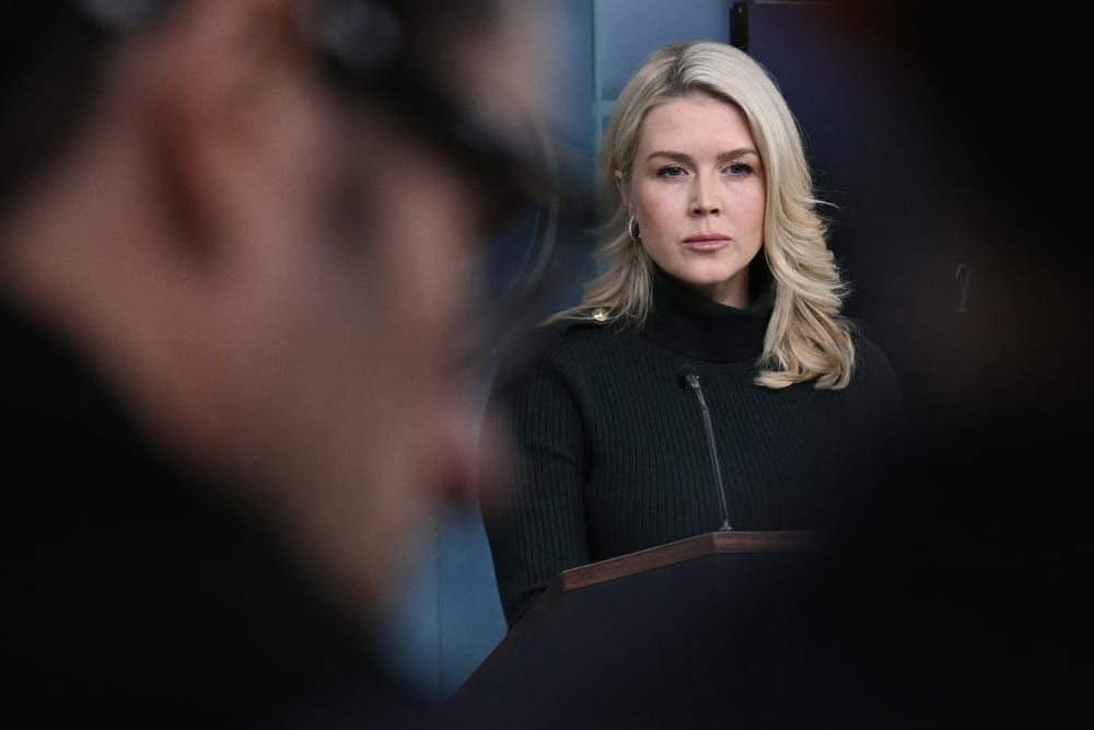 Karoline Leavitt looks at reporters during a press conference.