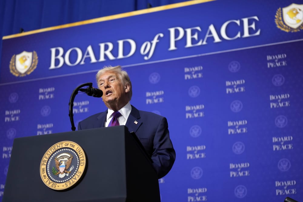 President Donald Trump speaks during a Board of Peace meeting on Feb. 19, 2026 in Washington, D.C.