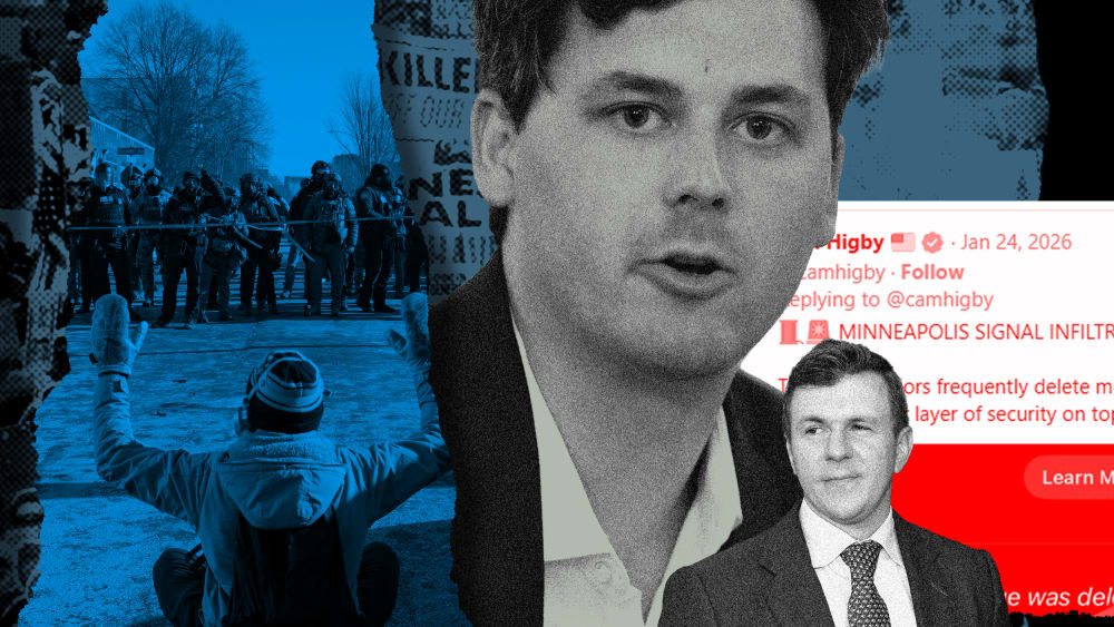 A collage showing protests in Minneapolis, Cam Higby and James O'Keefe