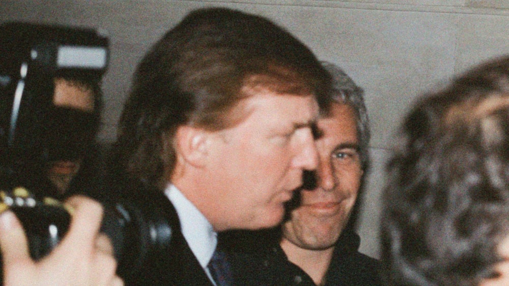 Donald Trump, left, seen in profile, with Jeffrey Epstein partially obscured behind him.