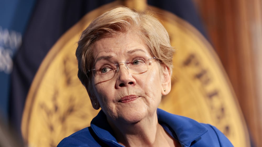 Senator Elizabeth Warren holds a discussion at the National Press Building in Washington, D.C.