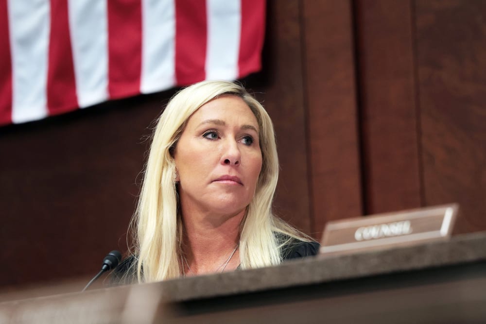 Marjorie Taylor Greene presides over a hearing of the House Oversight Subcommittee in the U.S. Capitol on Feb. 26, 2025.