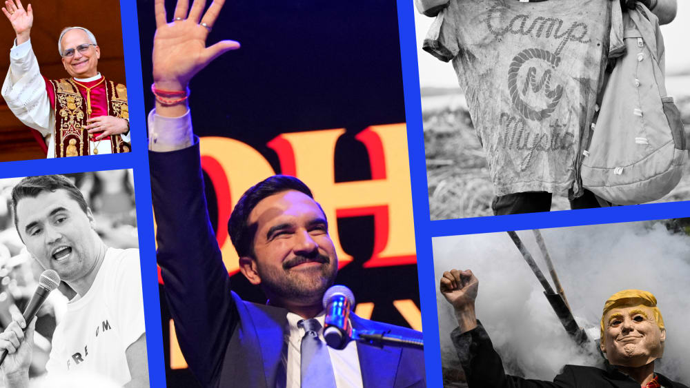 Images of Pope Leo XIV, Zohran Mamdani, a t-shirt from Camp Mystic in Texas, a protestor with a Donald Trump mask, and Charlie Kirk
