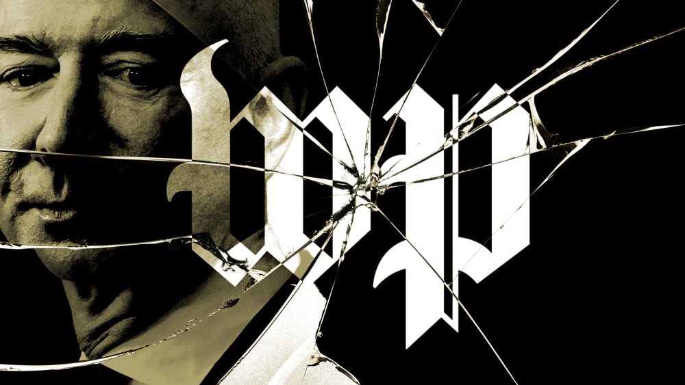 a photo illustration of Jeff Bezos and the Washington Post logo reflected in cracked glass