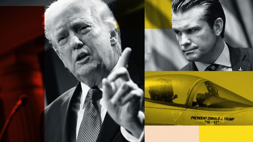 A stylized collage of Donald Trump, Pete Hegseth, and a fighter jet reading “President Donald J. Trump 46-47”