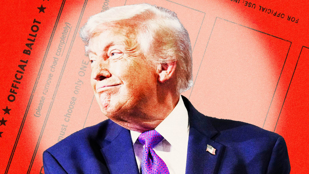 Photoillustration of a spotlight on Donald Trump, smiling over a red voting ballot.