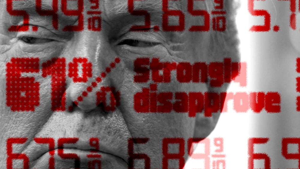 gas prices and polling numbers overlay a extreme closeup of Donald Trump