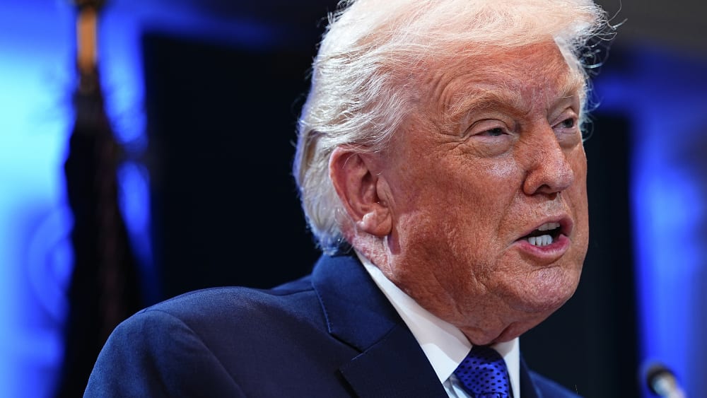 Donald Trumps seems upset as he speaks to the press in this tight shot. 