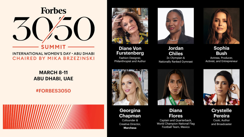 "Forbes 30/50 Summit" headliners Diane Von Furstenburg, Jordan Chiles, Sophia Bush, Georgina Chapman, Diana Flores, and Crystelle Pereira.