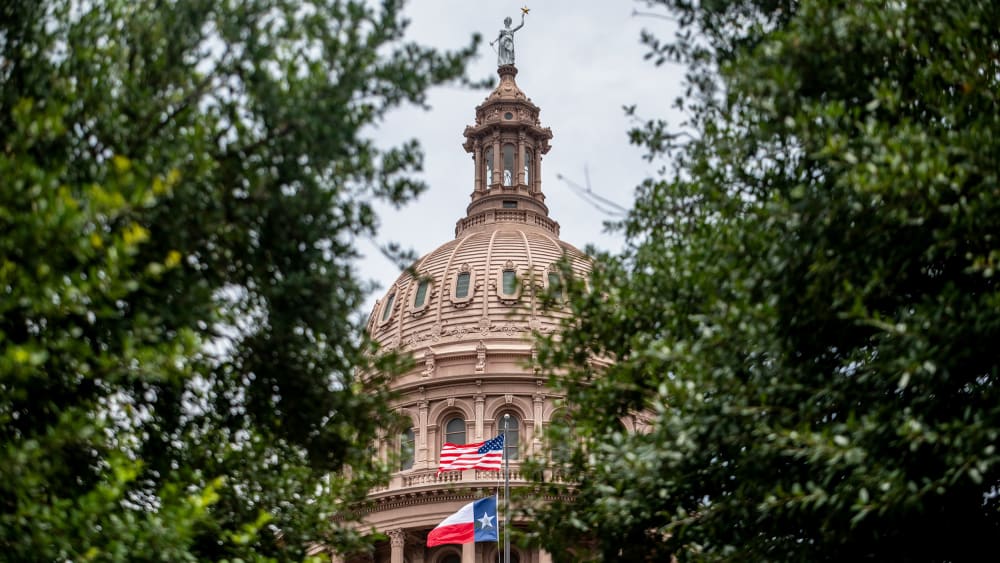 The Texas State Capitol dome peeks out from behind two trees.