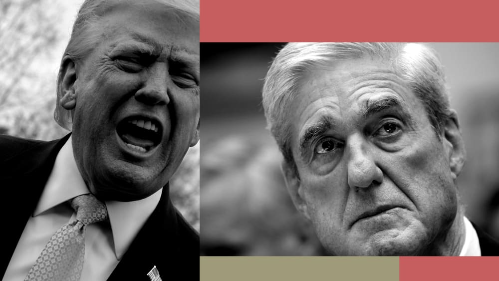 This collage shows Donald Trump on the left and Robert Mueller on the right.