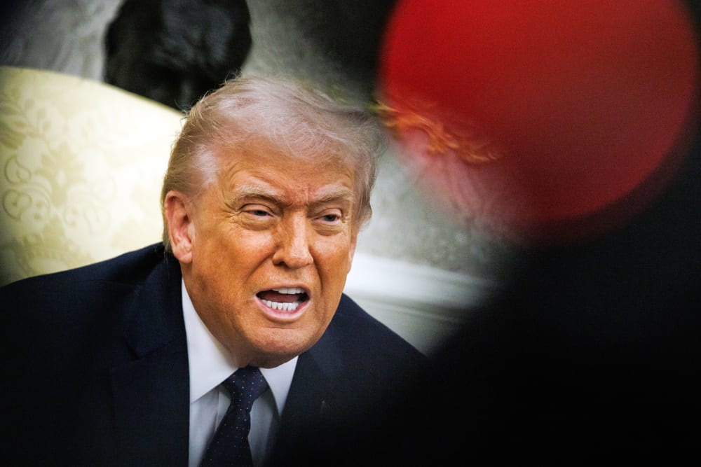 President Donald Trump speaks during a meeting.