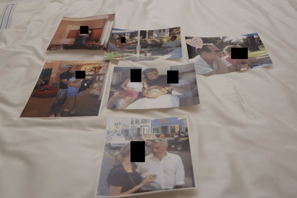 Photos of Jeffrey Epstein with unnamed girls in redacted and undated photos released by the Department of Justice.