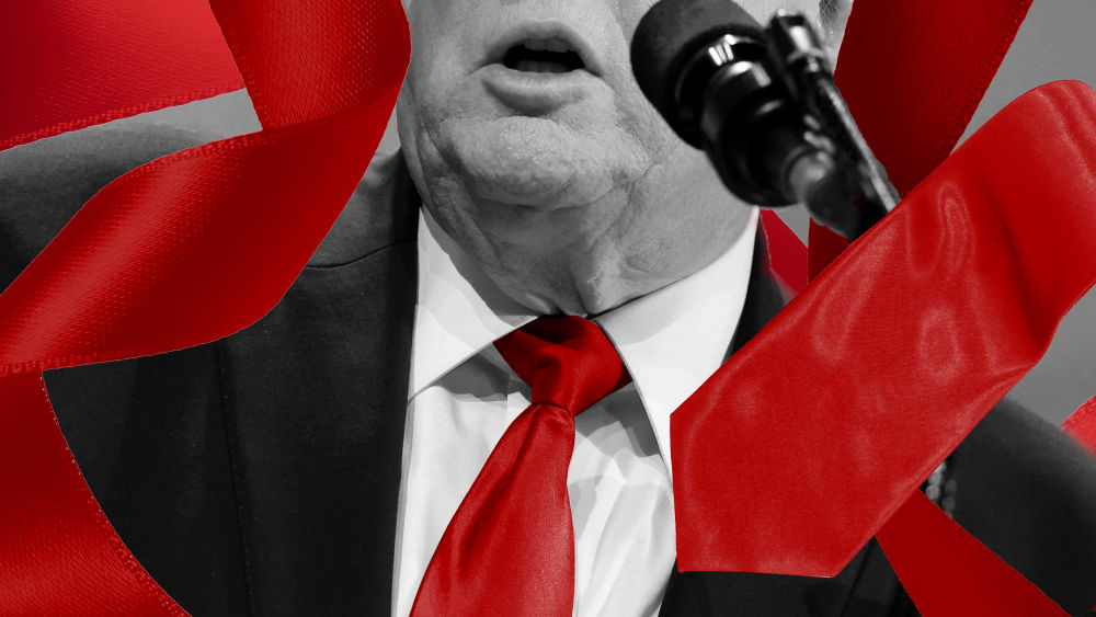 a photo illustration showing Trump with a long red tie weaving around him