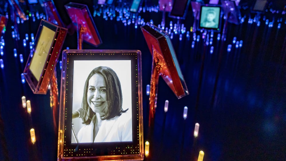 Nobel Peace Prize laureate Maria Corina Machado digital portrait can be seen among previous peace prize winners.