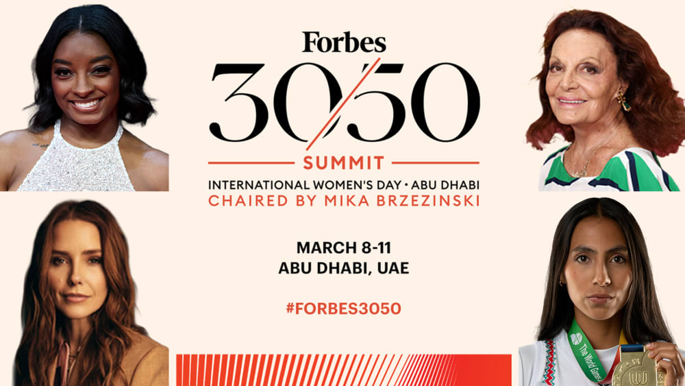 A graphic headlined "Forbes 30/50 Summit." On it, photos from (top left, clockwise) Simone Biles, Diane von Furstenburg, Sophia Bush and Diana Flores.